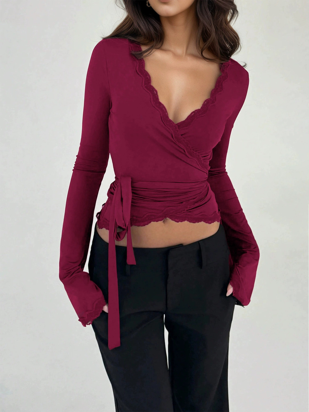 ZARA Wine Red Lace Tie Neck Waist Cinched Flare Sleeve Crop Top Spring Fall